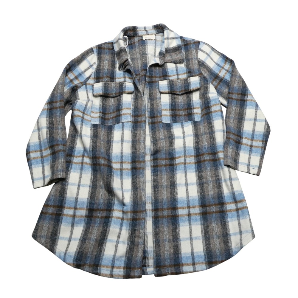 Melloday Jacket Womens 1X Blue Brown Plaid Longline Shirt Shacket Pockets Soft